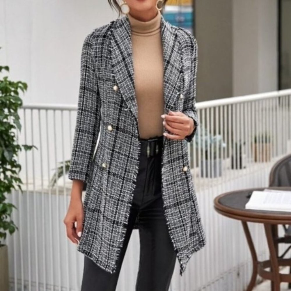 PLM Plaid Black Button Frayed Hem Tweed Pea Coat Size S New